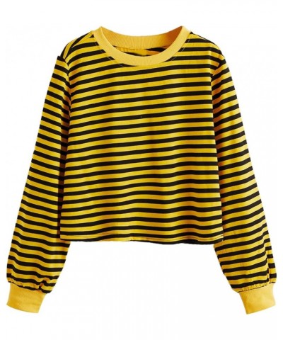 Women's Casual Long Sleeve Striped Cropped T-Shirt Casual Crop Tee Top Black Yellow $17.81 T-Shirts