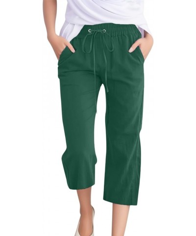 Capri Pants for Women Casual Summer Linen Elastic Waist Drawstring Pants Summer Lounge Plus Size Cropped Trousers D-green $7....