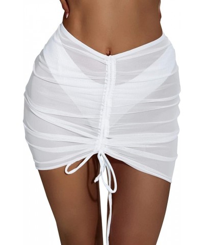 Women's Drawstring Ruched Short Bodycon Beach Skirt Mesh Swimsuit Cover Up White $11.01 Swimsuits