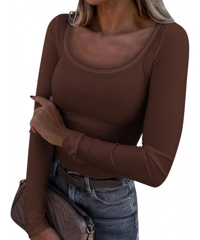 Long Sleeve Shirts for Women Scoop Neck Plain Tshirts Ribbed Knit Slim Fit Plus Size Tops Sexy Tunic Y2K Clothes B-coffee $7....